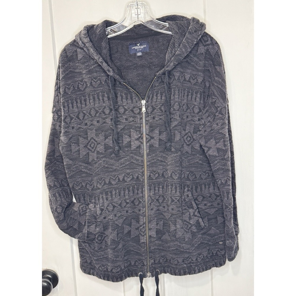 American Eagle Outfitter Women's Heather Gray Knit Hoodie Front Zip Sweater A1